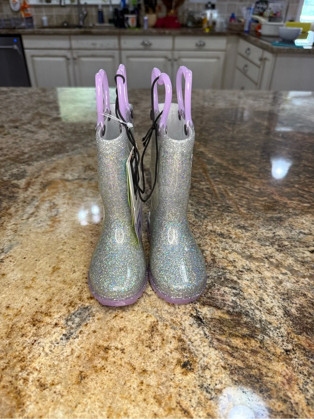Western Chief Kids Glitter Silver Rain Boots w/ Lavender Handles